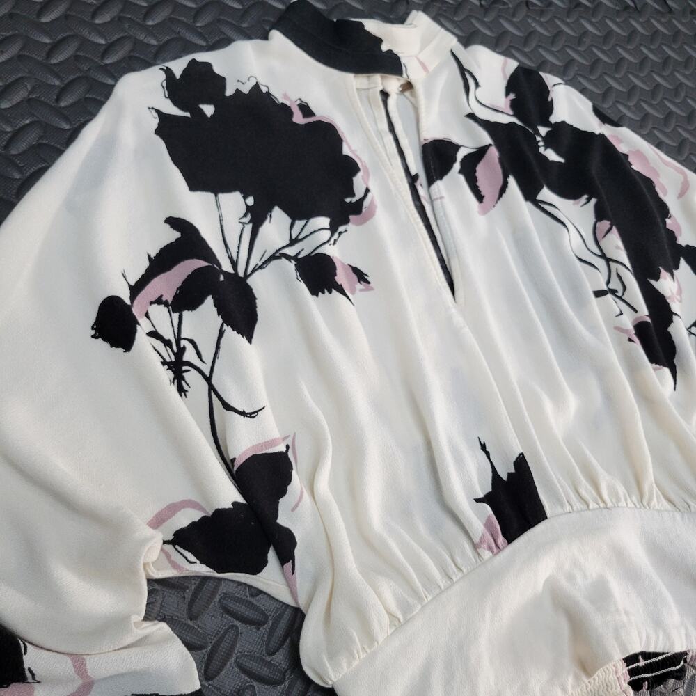 Free People Floral Open Back Tie Waist Blouse Womens Small Ivory Boho Top